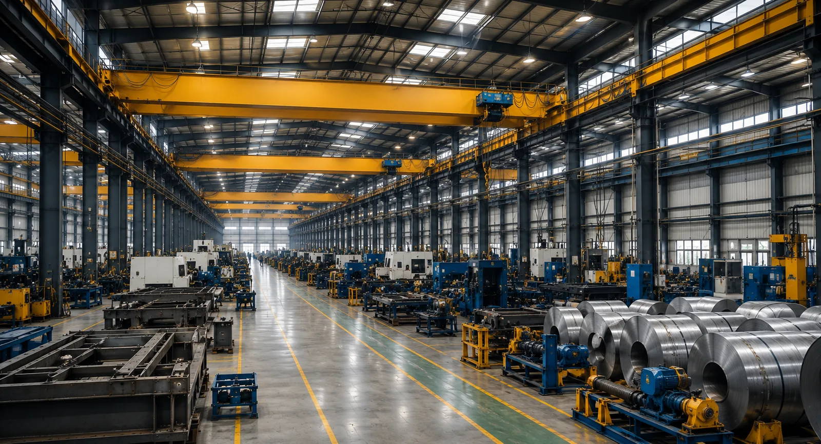 Fabrication hall with yellow overhead EOT cranes running the length of the bay